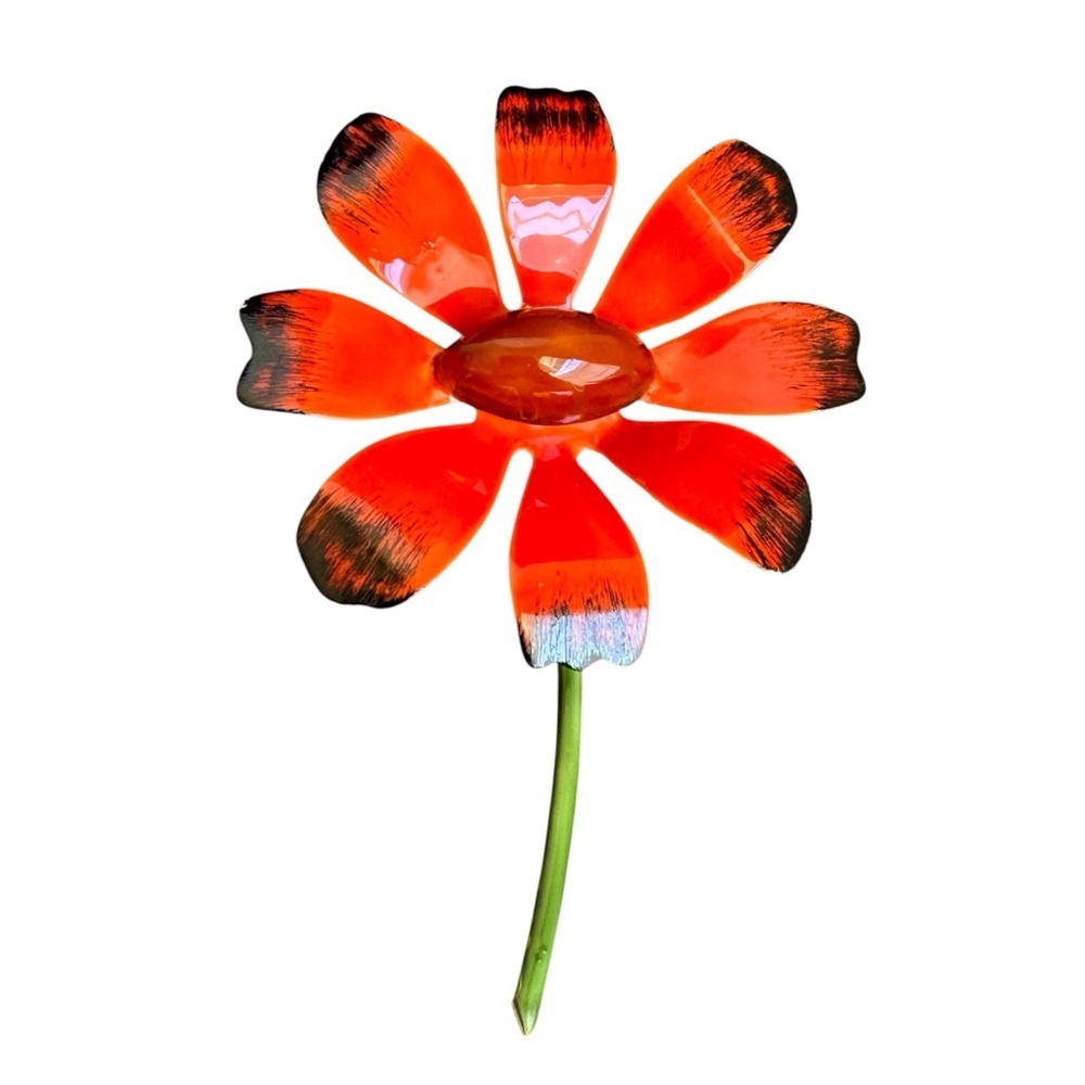 Vintage Enamel Daisy Brooch Orange‎ Flower Pin Original By Robert 60s Retro